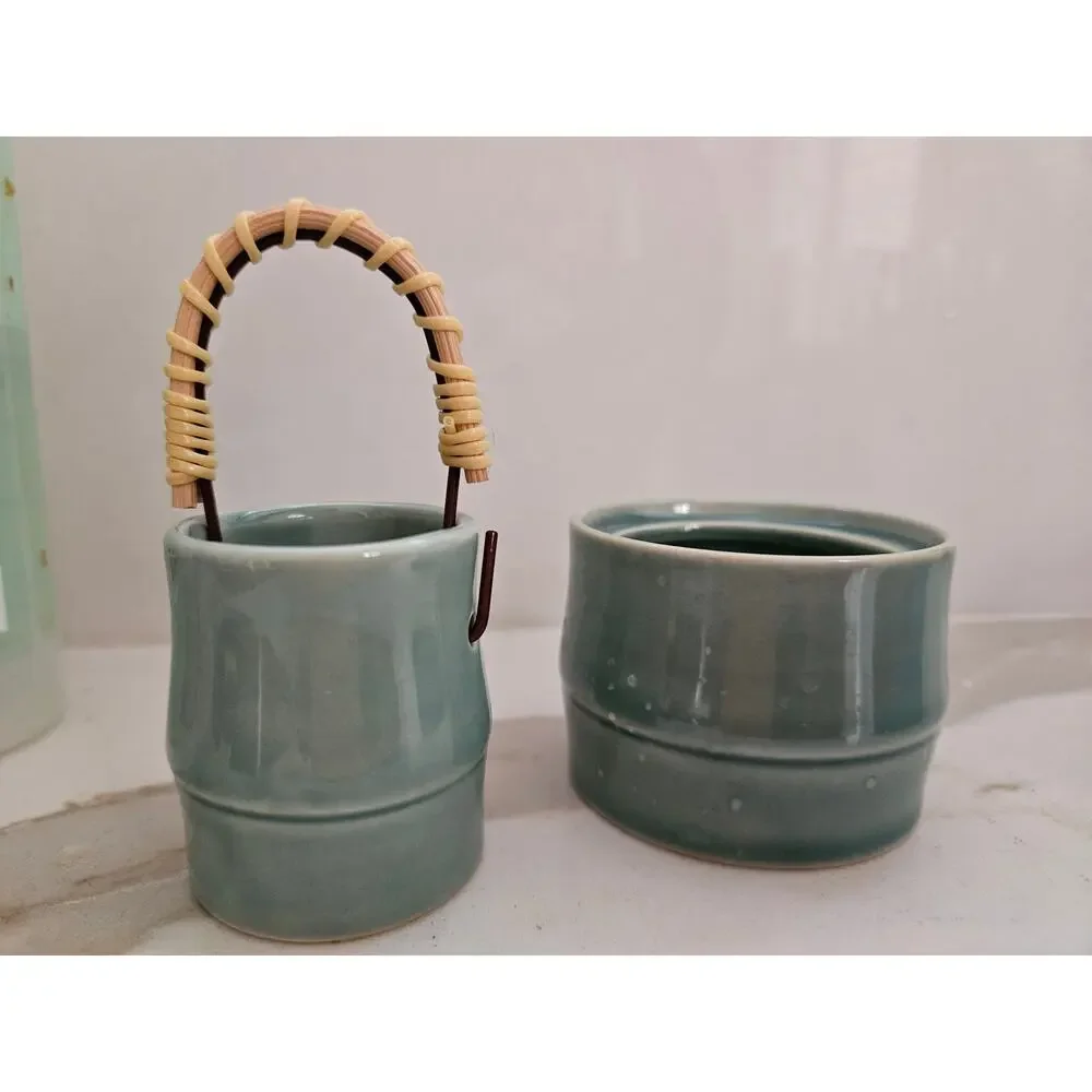 Vintage Celadon Green Glazed Ceramic Nesting Tea Sugar Pots Woven Rattan Handle